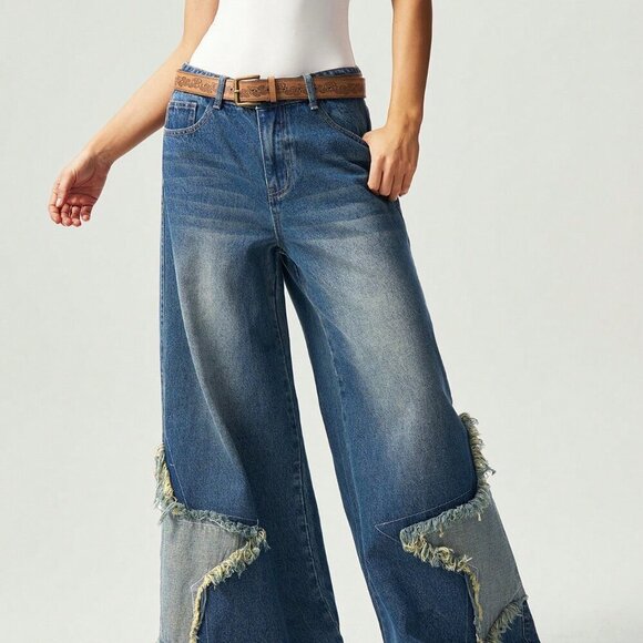 Medium Wash Casual Women's Boho Wide-Leg Jeans - Picture 3 of 7